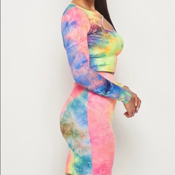 LOVE J Tie Dye Multi Neon Color Crop Top Skirt Set - Picture 3 of 12